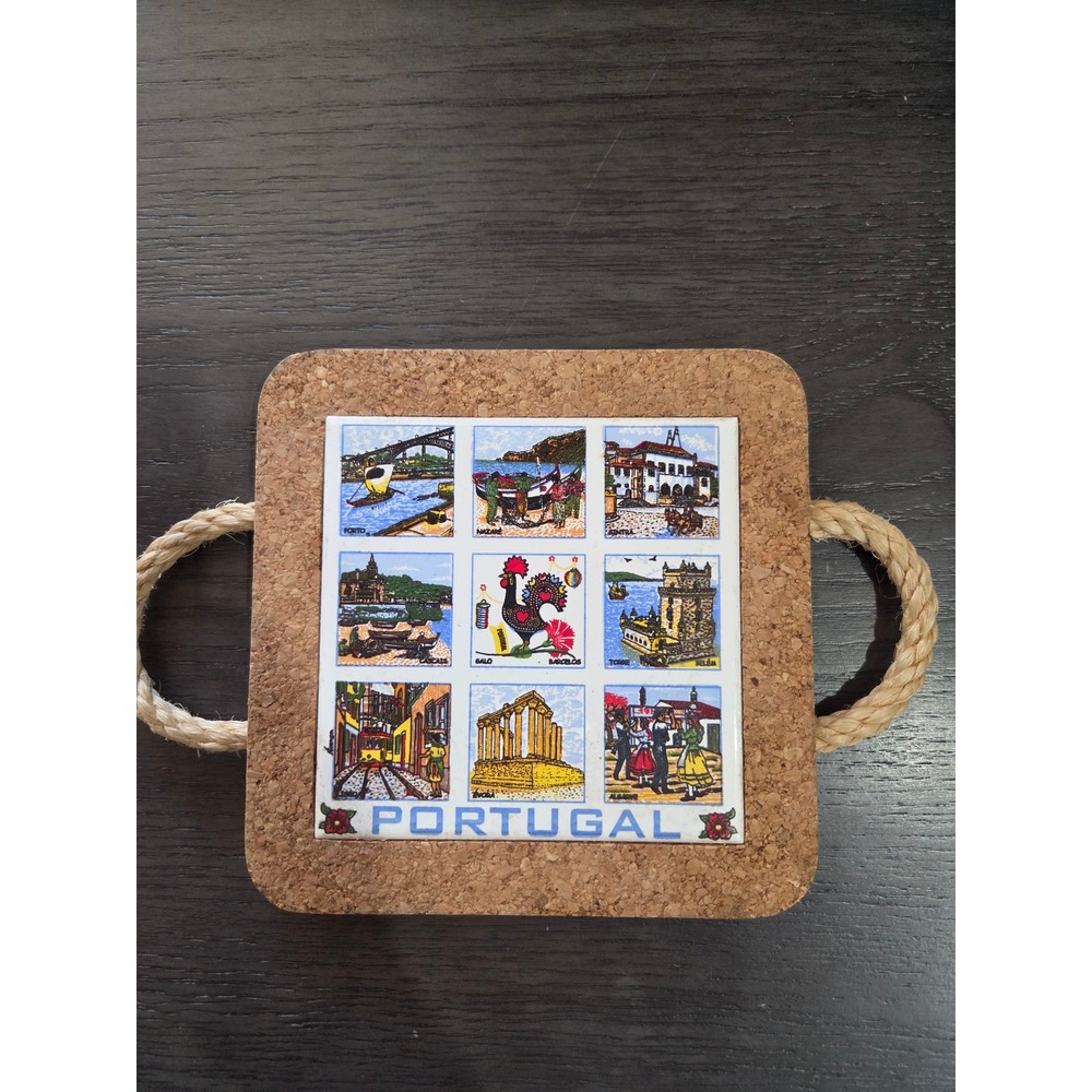 Vintage Portugal Souvenir Trivet Cork Ceramic Tile Rooster of Barcelos 6x6